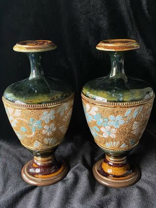 Antique Royal Doulton Slaters Patent Stoneware Vases In Green And Gold