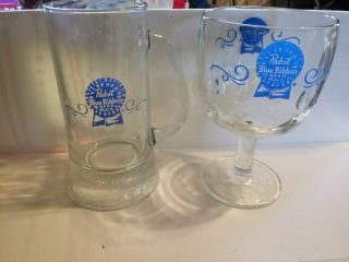Vintage Pabst Blue Ribbon Glass Beer One Mug And One Goblet