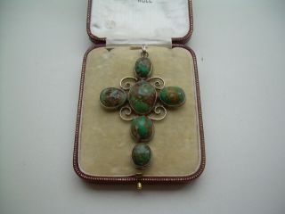 Antique Victorian Large Silver & Natural Turquoise Matrix Cross Pendant.