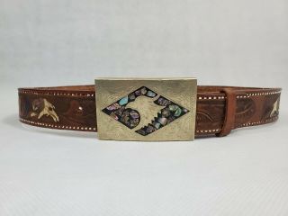 Vtg Handmade Made In Mexico Leather Western Belt And Alpaca Abalone Belt Buckle