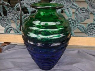 Vtg Antique Large 14 " Rare Cobalt Blue Green Vase Art Glass Honey Bee Hive