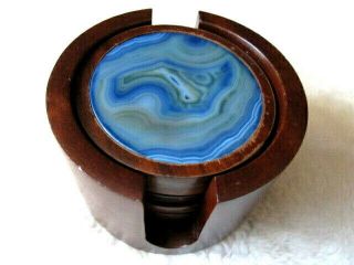 Vintage Wood And Blue Agate Geode Stone Coaster Set 6 Coasters With Holder.  Mcm