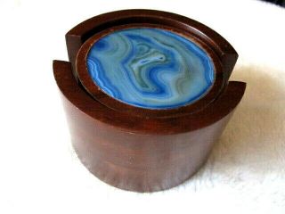 Vintage Wood And Blue Agate Geode Stone Coaster Set 6 Coasters With Holder.  MCM 2