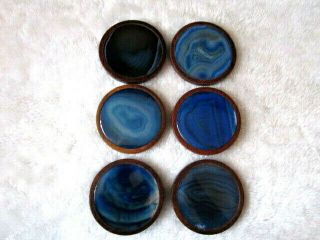 Vintage Wood And Blue Agate Geode Stone Coaster Set 6 Coasters With Holder.  MCM 3