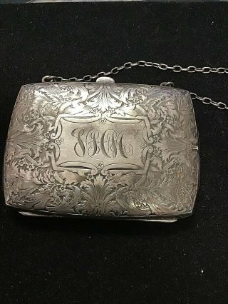 Vintage Sterling Silver Card Case / Coin Purse Engraved Scrollwork W/chain