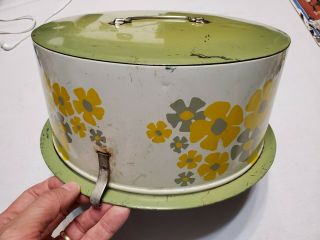 Vintage Decoware Green Yellow Floral Daisies Metal Cake Tin