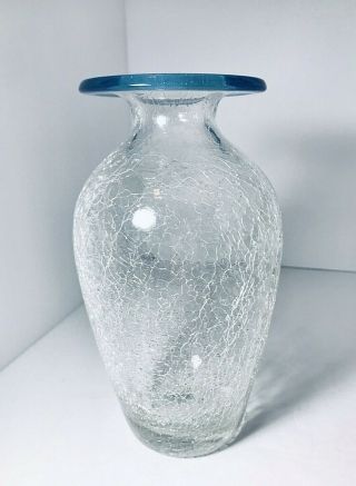 Vintage Hand Blown Blenko Style Crackle Glass Vase Smooth Pontil Blue Rim