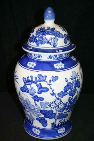 Vintage Chinese Large Porcelain Blue And White Rooster Ginger Jar 14 "