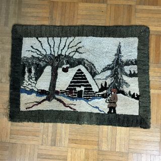 Vintage Canadian Folk Art Hooked Rug Tapestry Snow Log Cabin Quebec 28” X 20”