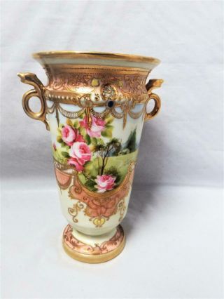 Antique Noritake Porcelain Japan Tall Gilded Pink Roses Landscape Vase 1920 