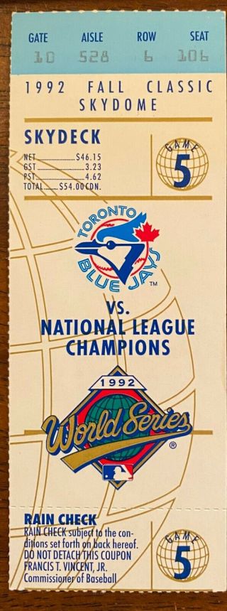 Toronto Blue Jays 1992 World Series Ticket Stub Game 5 Vs Atlanta Braves