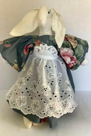 Vintage Rag Doll Bunny - 16” Tall Handmade With Flower Dress And Apron