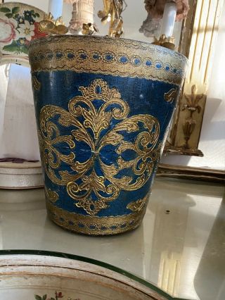 Vintage Blue Gold Florentine Italian Trash Can Antique Wastebasket Italy 2