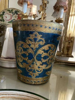 Vintage Blue Gold FLORENTINE Italian Trash Can Antique Wastebasket Italy 2 2