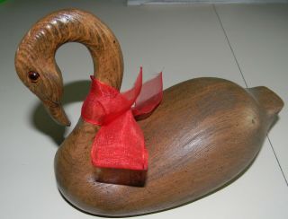 Solid Wood Carved Wooden Swan W/ Glass Eyes
