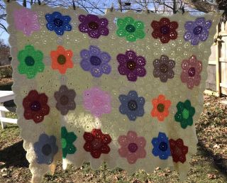 Vtg Granny Flower Garden Squares Crocheted Afghan Lap Yellow Throw 40 " X54 "