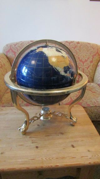 Large Semi Precious Gemstone World Globe On Brass Stand With Compass