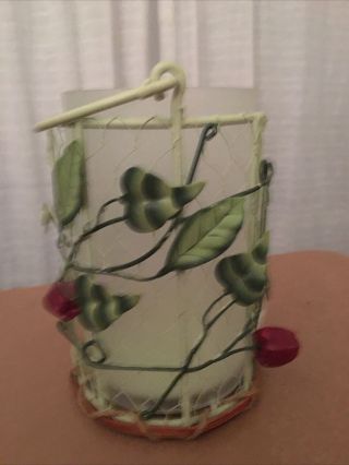 Vintage Apple & Leaf Green Metal & Glass Candle Holder 2