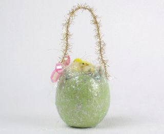 Vintage Inspired Glittery Mica Egg With CHENILLE CHICKS Easter Springtime 3