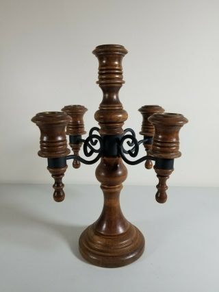 Vintage Wood Black Wrought Iron Candelabra 4 Branches 1960s