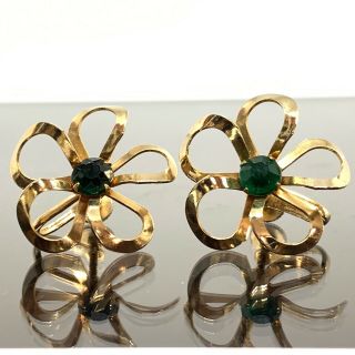 Vintage Earrings Gold Tone Emerald Green Rhinestone Flower Floral Screw Back B8