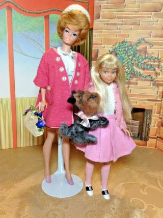 Vintage Mattel Blonde Bubble Barbie And Blonde Skipper Outfits Needle Felted Dog