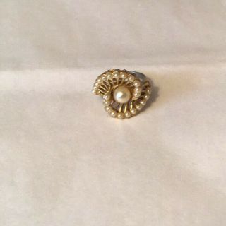 Vintage Faux Pearl Adjustable Dress Ring Gold Tone (r1) 2