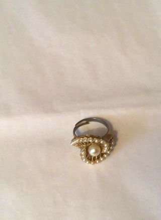 Vintage Faux Pearl Adjustable Dress Ring Gold Tone (r1) 3