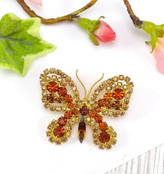 Vintage Glass Crystals Rhinestone Butterfly Brooch - Brown Orange