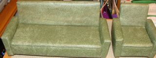Vintage Mid Century Modern Miniature Sofa & Chair Set,  Green,  Leather Like,  1:6