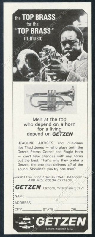 1975 Thad Jones Photo Getzen Eterna Cornet & Flugle Horn Flugelhorn Vintage Ad