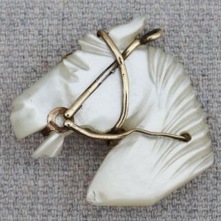 Antique Carved Mother Of Pearl Equestrian Horse Head Brooch Pin Pendant Fob