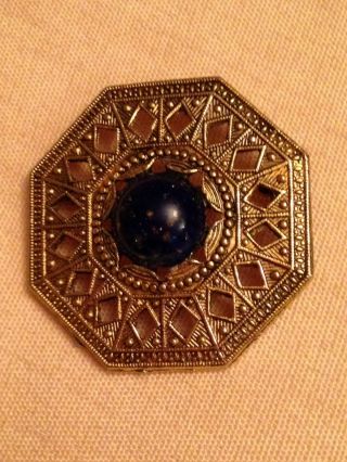 Vintage Gold Tone Metal And Blue Agate Stone Octagonal Brooch