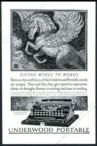 1923 Pegasus Flying Horse Art Underwood Portable Typewriter Vintage Print Ad
