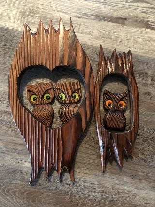 Set Of 2 Vintage Wood Carved Folk Art Owl Wall Hanging W/ Felt Eyes