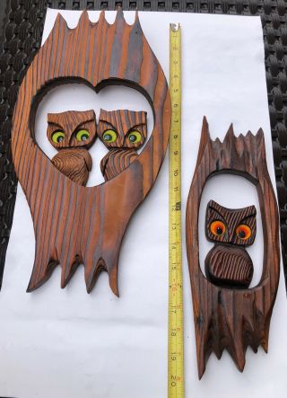 Set Of 2 Vintage Wood Carved Folk Art Owl Wall Hanging w/ Felt Eyes 2