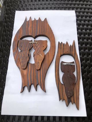 Set Of 2 Vintage Wood Carved Folk Art Owl Wall Hanging w/ Felt Eyes 3