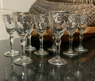 8 Grape And Vine Sterling Silver Overlay 4 " Crystal Cordial Glasses -