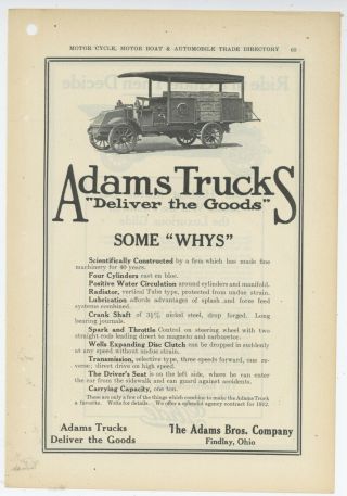 1912 Adams Brothers Co.  Ad: Adams Trucks - Findlay,  Ohio - Delivers The Goods