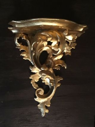 Vtg Italian Ornate Gold Carved Leaf Wood Wall Shelf / Sconce