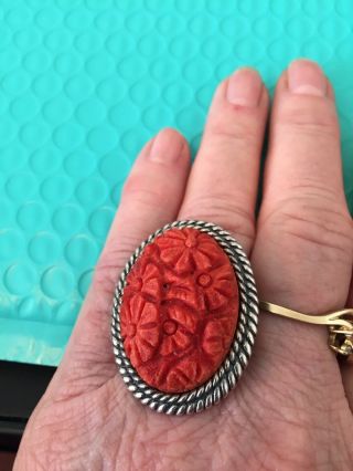 Vintage Amy Kahn Russell Carved Coral Flower Ring Sterling Silver Size 9