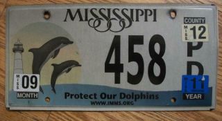 Single Mississippi License Plate - 2012 - 458pd - Protect Our Dolphins