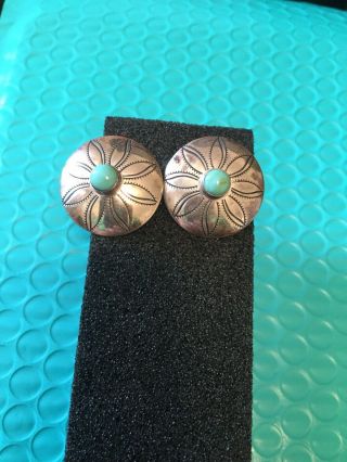Vintage Sterling Silver Turquoise Pierced Earrings With Carved Flower