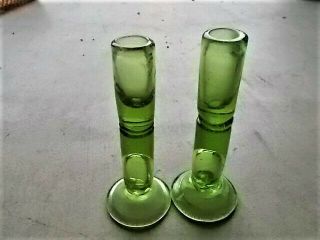 Set Of 2 Vintage 7 " Tall Green Glass Taper Candle Candlesticks Holders Bubble