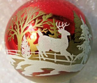 Vintage? Glass Christmas Tree Ornament Red Gold White Reindeer Snowy Pine Woods
