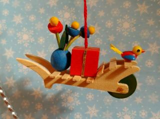 Vtg Steinbach Wood Wheel Barrel Cart W/flowers Bird Christmas Ornament Germany
