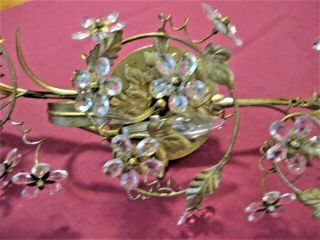 RARE,  UNIQUE - Antique/Vintage Crystal Flowers & Brass CEILING LIGHT FIXTURE 3