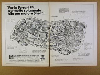 1968 Ferrari P4 Race Car Cutaway Drawing Art Shell Oil Vintage Print Ad