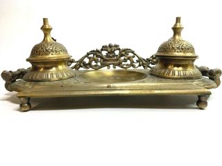 Antique Vintage Ornate Art Noveau Brass Double Inkwell Tray Desk Writing 10 "