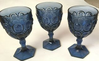 3 Vintage Fostoria Cobalt Blue Cameo Moonstone Water Iced Tea Goblets 6.  75 "